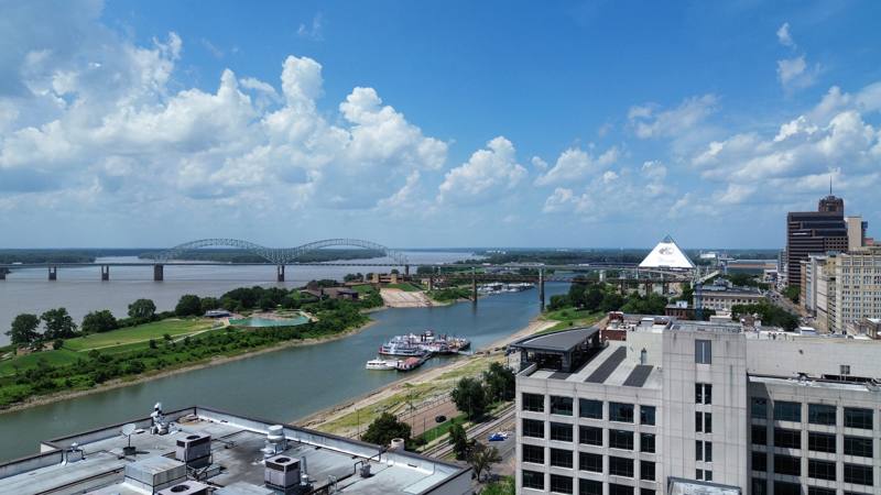 Memphis riverfront with the bridge and Pyramid photographed from above