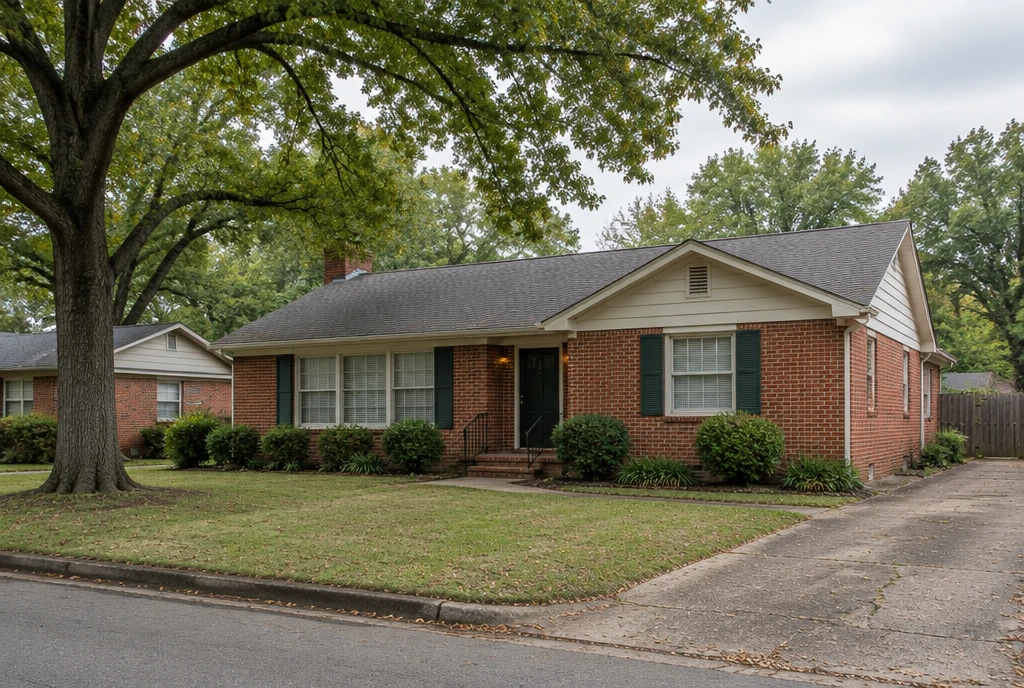 Illustrative Mid-South brick ranch beneath mature trees