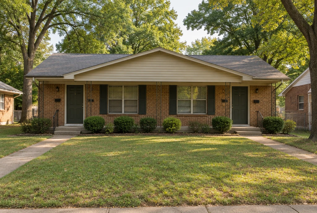 Illustrative small brick duplex with two entrances