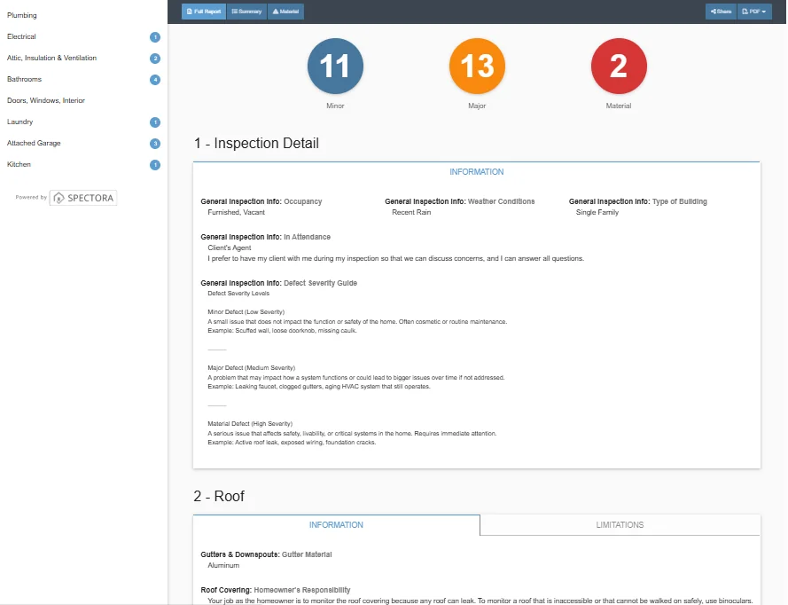 Actual Spectora report detail showing Minor, Major and Material finding categories, navigation by inspection section, and explanatory information